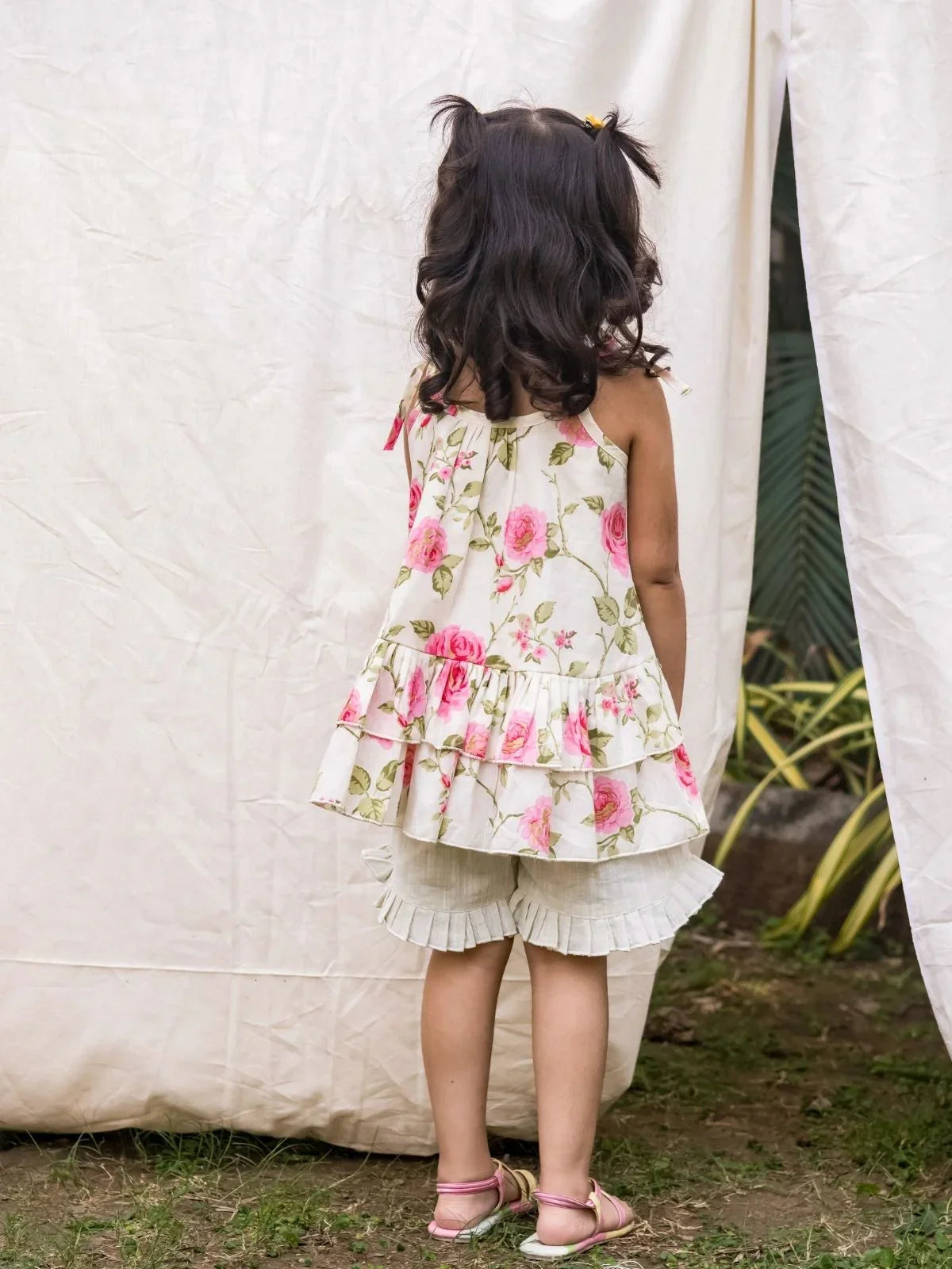 Creamy Rose Ruffled Cotton Summer Top Bottom Set