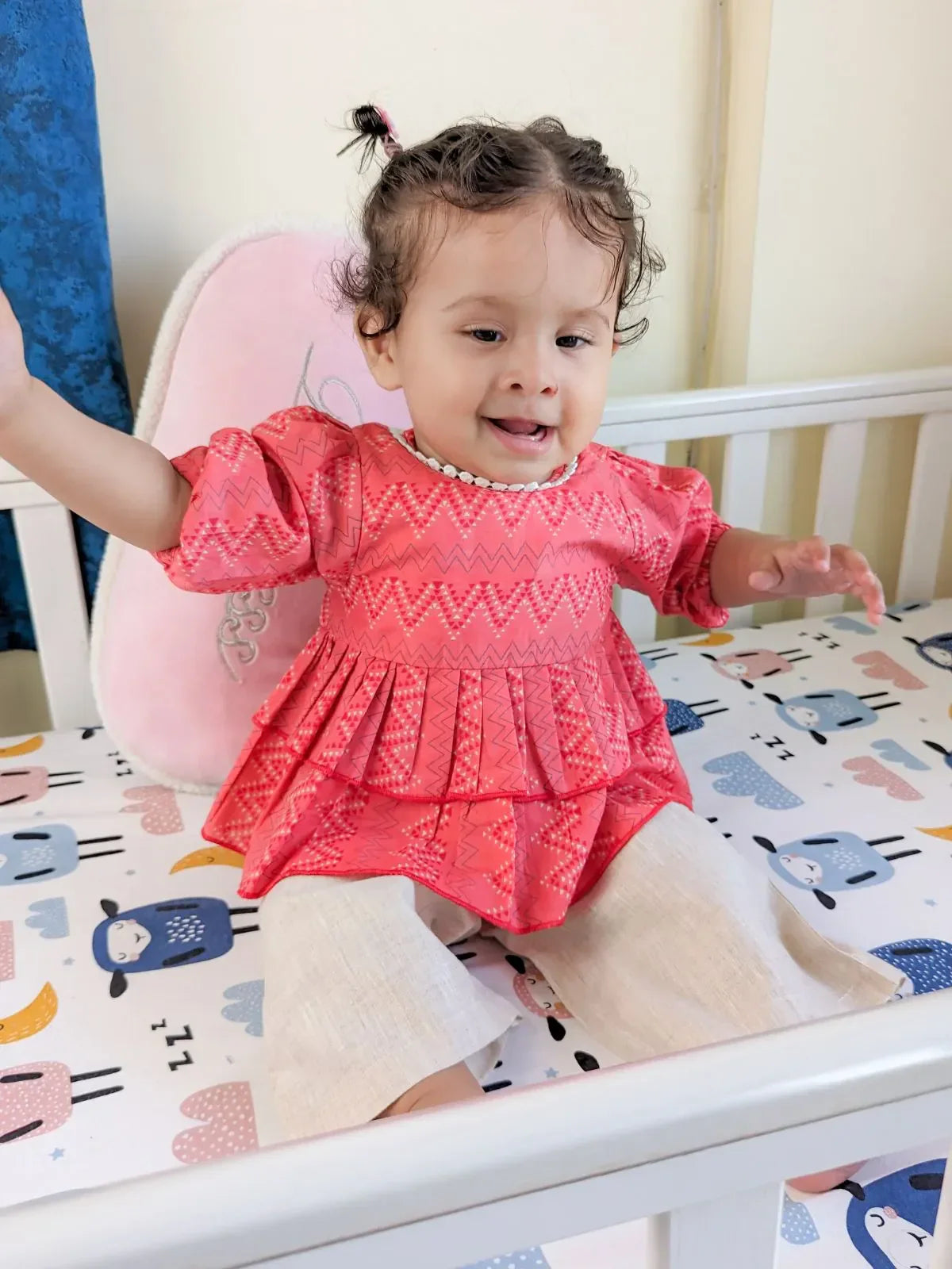 Floral Printed Pure Cotton Dia Girls Top Bottom Set- RED