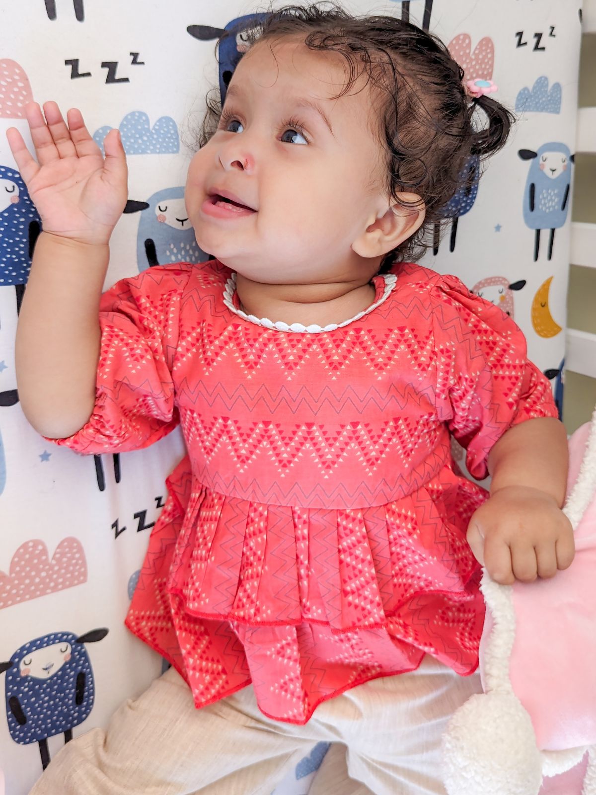 Floral Printed Pure Cotton Dia Girls Top Bottom Set- RED