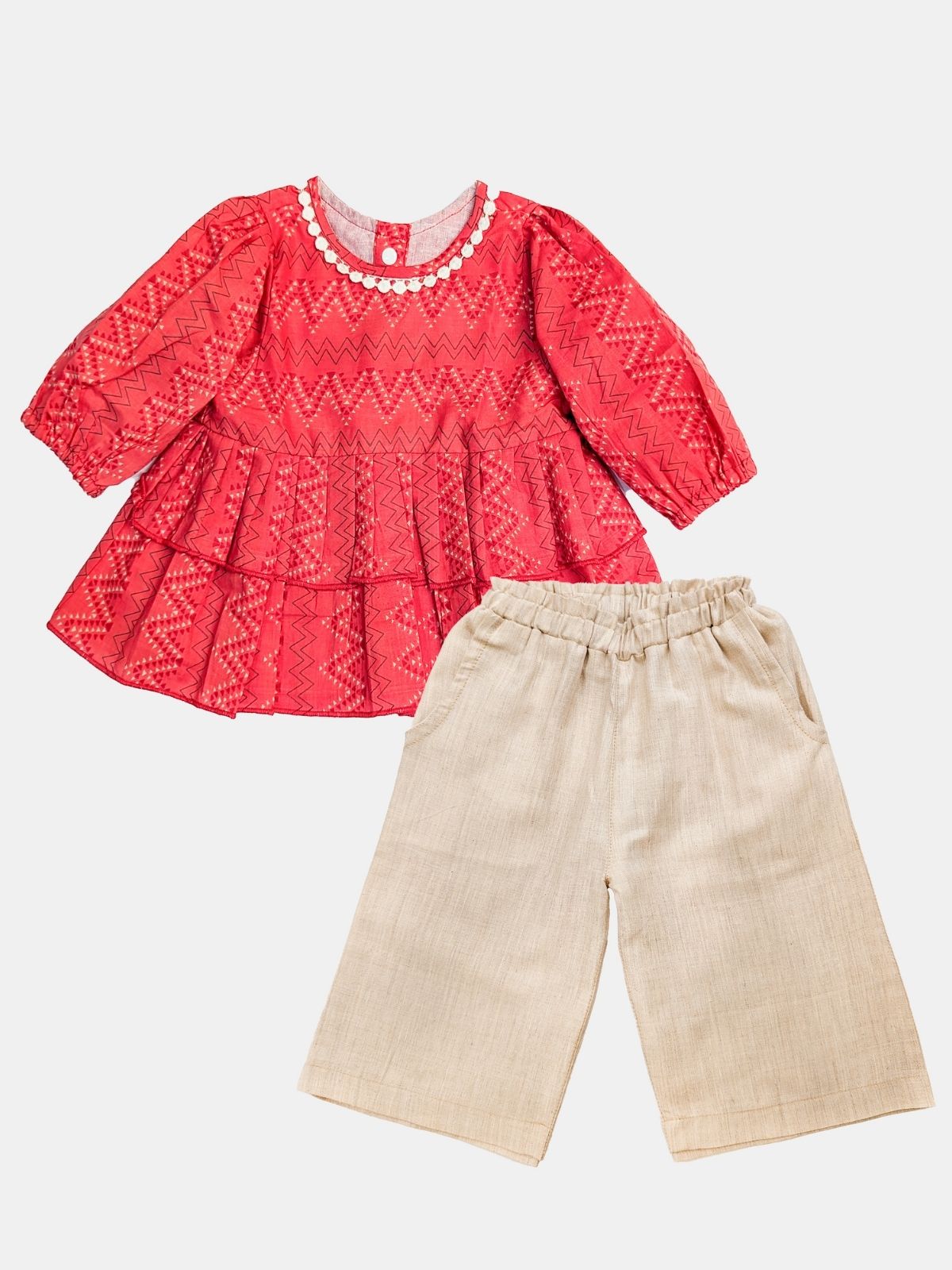 Floral Printed Pure Cotton Dia Girls Top Bottom Set- RED