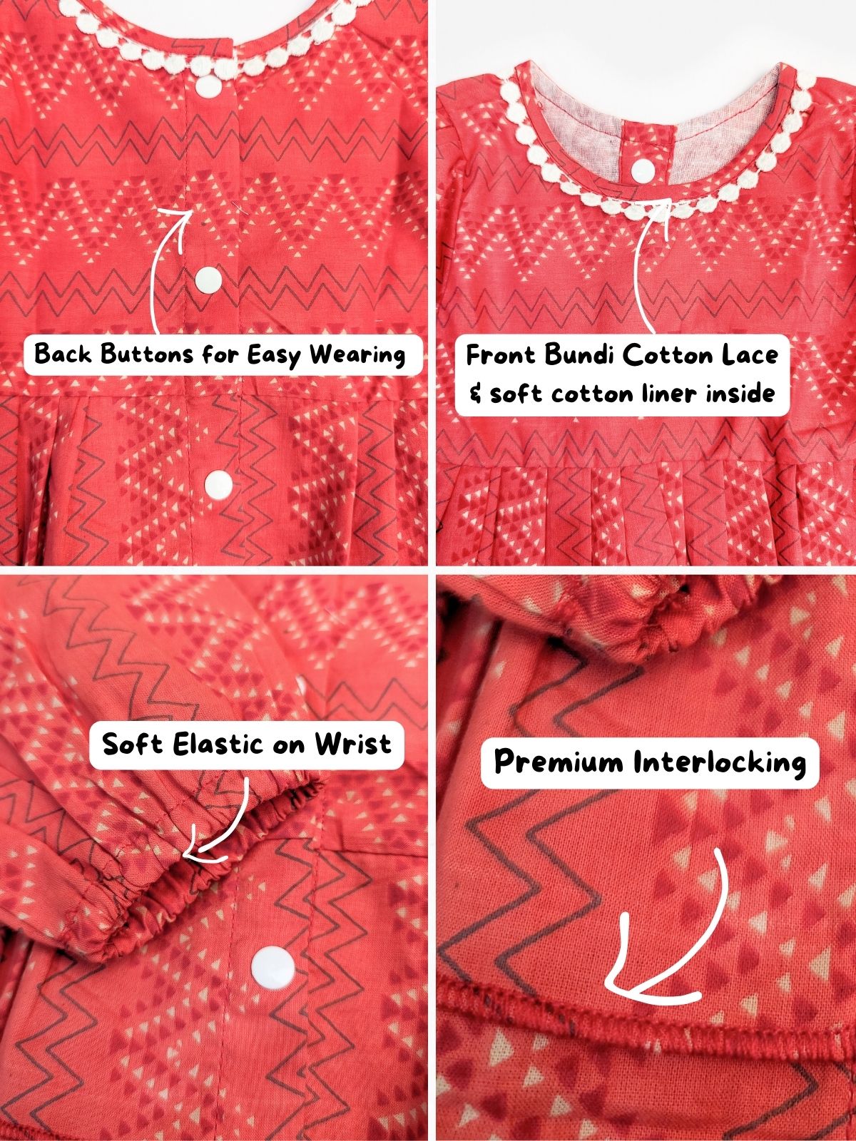 Floral Printed Pure Cotton Dia Girls Top Bottom Set- RED